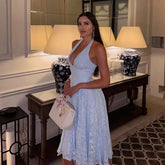 Sexy Backless Blue Jacquard Halter Holiday DressElegant A-line Midi Low Waist Summer Dresses Beach Robe