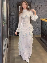 Temperament Print High Neck Flared Sleeve Waist Slimming Dresses