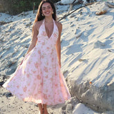 Sexy Backless Floral Print Halter Holiday Dresses