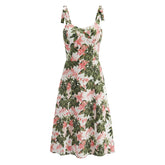 Holiday Summer Dresses French Floral Print Sexy Slim Fit A-line Midi Sleeveless Dress