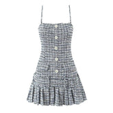 Vintage Plaid Front Button With Belt Pleated Hem Knit Sling Mini Dresses Sexy Robe