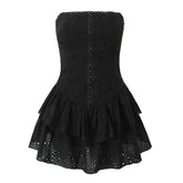 Sexy Hollow Out Embroidery Strapless Dresses Front Buckle Fit And Flare Party Mini Dresses Black White Cotton Robe