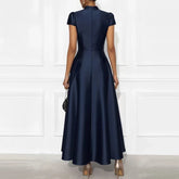 Ladies Elegant Temperament Party Long Dresses Simple Solid Color V Neck Short Sleeved Dresses