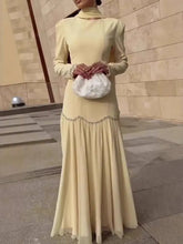 Elegant Ribbon Round Neck Long Sleeved Patchwork Diamond Studded Dresses