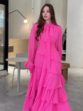 Autumn Summer Ruffle Trimmed Sweet Style Chiffon Design Half High Collar Long Dresses Female Party Clothes