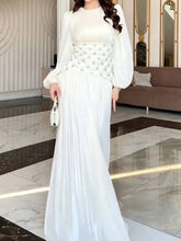 Elegant Satin Round Neck Lantern Sleeve Studded Diamond Waist Dresses