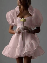 Sweet Square Neck Bubble Sleeve Backless A-line Dresses