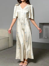 Sweet Printed Satin V-neck Short Sleeved Waist Cinched Dresses