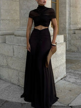 Fashionable Round Neck Patchwork Pleated Waist Exposed Navel Dresses