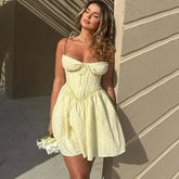 Sexy Elegant Hollow Out Embroidery Yellow Sling Mini Dresses