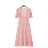 Summer French Style Lace Trim V Neck Polka Dot Dresses