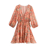 Vintage Puff Sleeve V Neck Floral Print Short Dresses