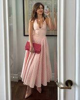 Summer Sexy Backless Pink Plaid Halter Dresses
