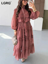 French Style Elegant Court Style Half High Collar Lace Embroidery Hollow Out Trim Long Dress