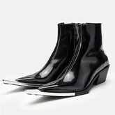 Sexy Metal Decoration Pointed Toe Patent Leather Ankle Boots