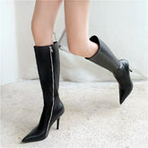 Sexy Pointed Toe Black Leather Women's Knee High Boots
