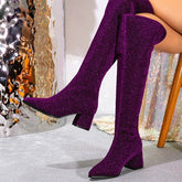 Sexy Purple Pointed Toe Botas Largas Mujer Luxury Sequins Square Heel Back Zipper Designer Boot Big