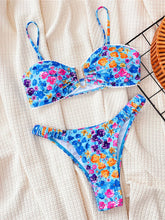 U Neck Flowers Printed Wrinkled Bikini Two-pieces Bikini Set