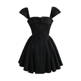 Sexy Front Slit Button Chic Fit Slim Black Mini Dresses Cape Short Sleeve Low Waist Elegant Evening Party Dresses