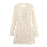 Sexy Backless Round Neck Long Sleeve Short Lace Dresses