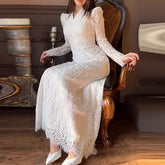 Elegant Wrap Hip Banquet A-line Dresses White Lace High Waist Slim Robe Dresses
