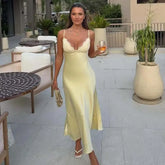 Satin Yellow Sling Sexy Elegant Dresses For Thin Straps A-line Midi Evening Party Dresses Christmas Robe