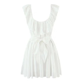 Lazy Style Temperament With Belt Ruffled Edge White Dresses