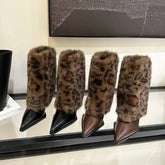 Sharp Pointed Thin Heel Leopard Print Hairy Short Boots