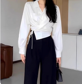 Lapel Collar Tie Satin Wrap Shirt