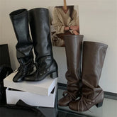 Soft Leather PU Round Toe Lace Up Pleated Knee High Boots