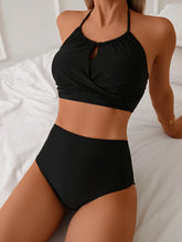 Cutout Bikini Set Midriff-Baring Two-Piece Swimwear Hollow Front Swimsuit Solid Black Halter Tops