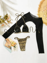 glitter micro mini string bikinis Sets three pieces with long sleeve mesh smock thong swimsuit bathing suit