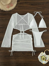micro mini halter bikinis Sets 3pcs with knitted long sleeve hollow out mini dress swimsuit bathing suit