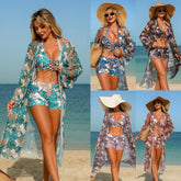 3 Piece See-through Mesh Bikini Set Fashion Triangle Top & Bottom & Sheer Cover Up Sets
