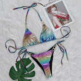 Snake Print Micro Bikini Set Foil Gold Two-Piece with Rhinestone Straps Bandage Thongs Panties Suitwear