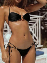 Two-Piece Swimsuit Solid Black Color Low Waist Bikinis Set Stripe Halter Bikini Bra Open Back