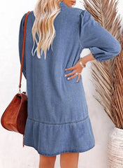 V-Neck Puff Sleeve Denim Layered Dress