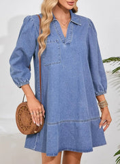 V-Neck Puff Sleeve Denim Layered Dress