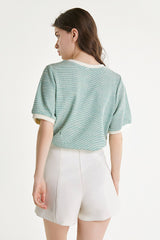 Light Green Textured Round Neck Contrast Trim Detail Blouse