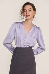 Light Steel Blue V-Neck Long Sleeve Satin Work Blouse