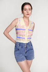 Ivory Striped Button-Up Knitted Collar Vest