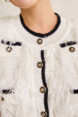 Ivory Frayed Button-Up Contrast Trim Cropped Knit Top