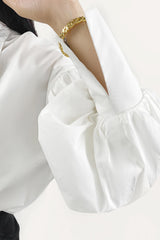 White Pointed Collar Button Detail Lantern Sleeve Shirt