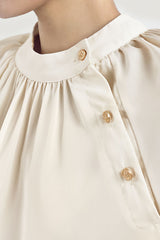 Crew Neck Button Detail Pleated Blouse