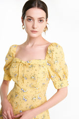 Yellow Floral Print Smocked Tiered Hem Mini Dress