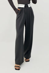 Grey Contrast Foldover Waist Wide Leg Pants