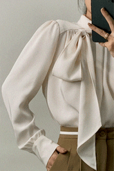 Floral White Satin High Neck Long Sleeve Blouse With Neck Tie