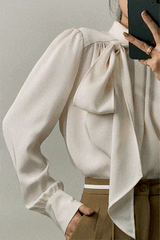 Floral White Satin High Neck Long Sleeve Blouse With Neck Tie