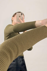 Olive Mock Neck Front Cut Out Ribbed Knit Sweater