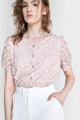 Pink Textured Floral Button Front Blouse